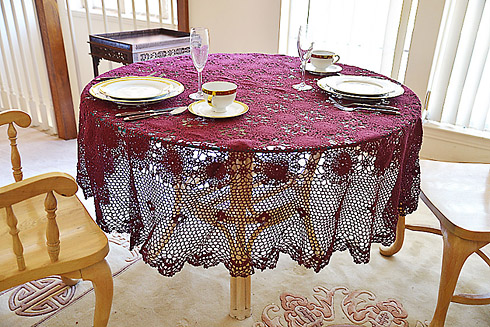 Festive Crochet Round Tablecloth. Merlot color. 70" Round - Click Image to Close